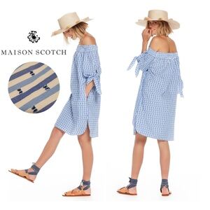 Maison Scotch Off Shoulder Blue White Stripe Cotton Dress Small Scotch & Soda